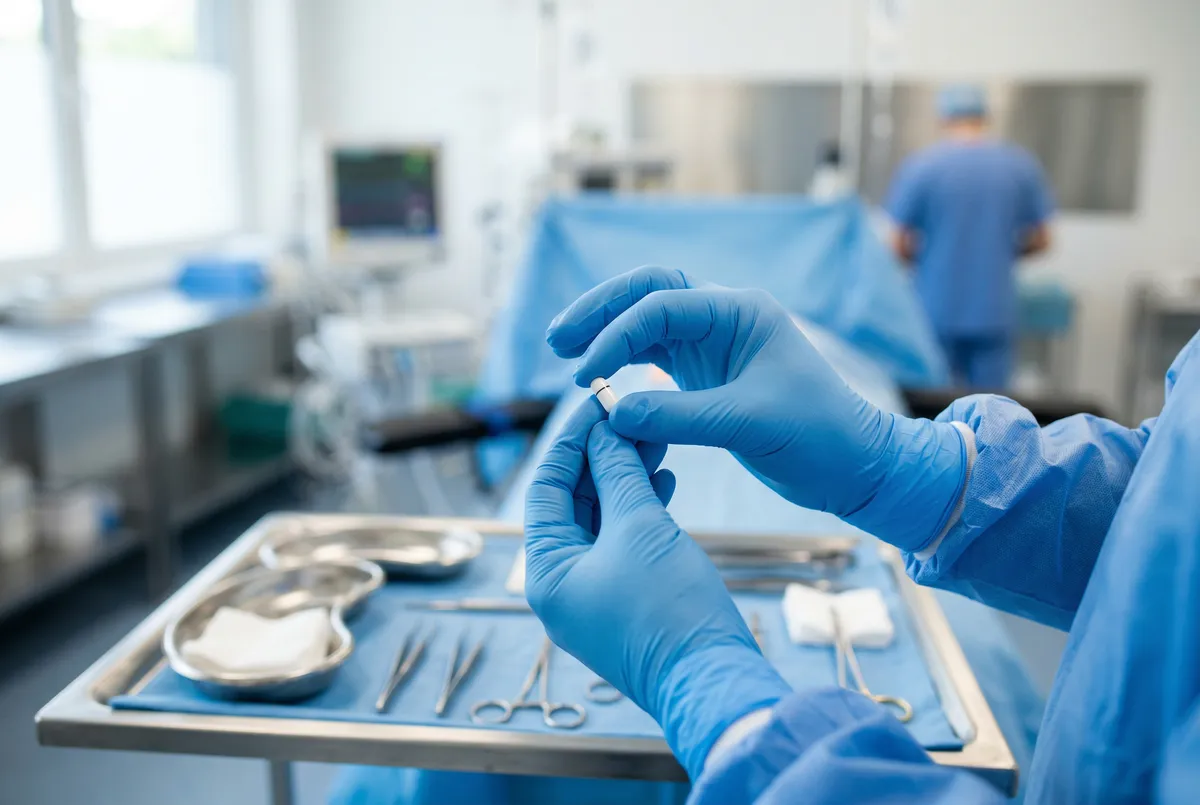 Dłonie lekarza w rękawiczkach przygotowujące implant disulfiramu do zabiegu wszywki alkoholowej